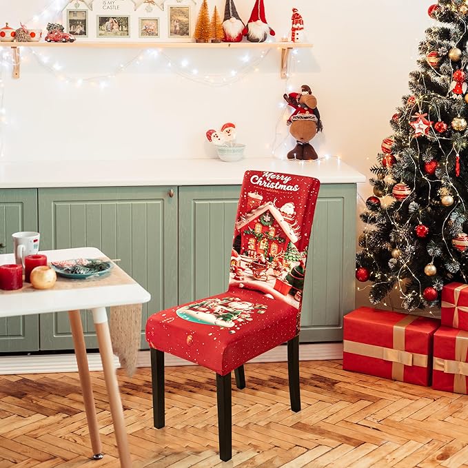 6PCS Christmas Dining Chair Covers Stretch Removable Washable Dining Room Chair Protector Slipcovers Santa Claus House Wreaths Kitchen Chair Cover Slipcover Protector for Xmas Holiday Party Home Décor