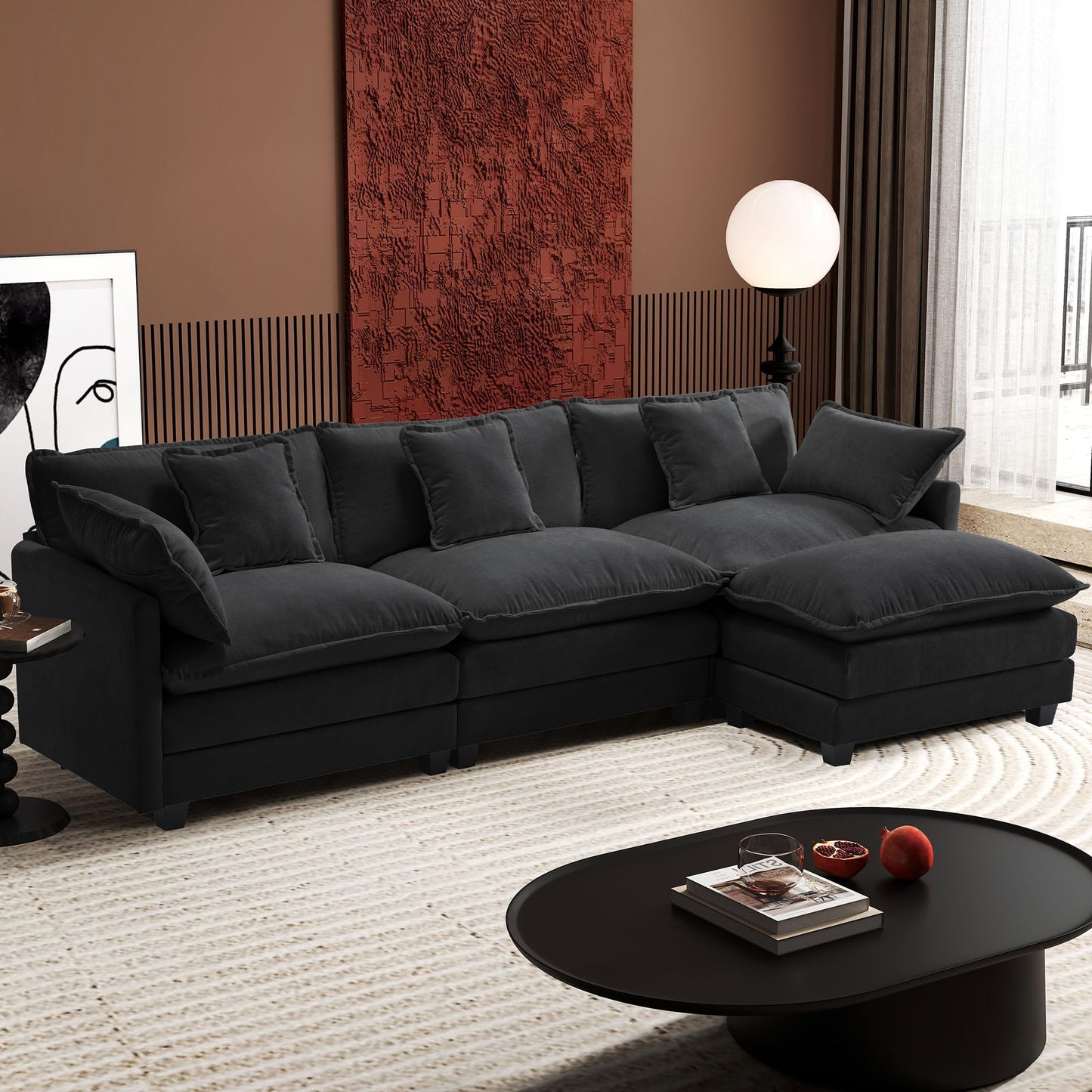 Ihanherry 111.4" L Shaped Modern Sofa Modular Sectional Cloud Couch with Ottoman, 4-Seat Chenille Deep Seat Sofa with Pillow for Living Room, Bedroom and Apartment, Beige