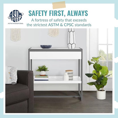 av2023-Dream nontoxic strap-3b688703 Arlo Changing Table, Made of Solid New Zealand Pinewood, Non-Toxic Finish, Comes with Water Resistant Mattress Pad & Safety Strap, Steel Grey And White
