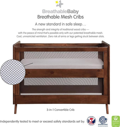 BreathableBaby Breathable Mesh 3-in-1 Convertible Crib (Toddler Bed Kit Sold Separately) — Walnut — Two Adjustable Mattress Heights — Greenguard Gold Certified