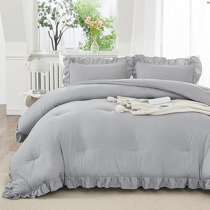 Andency Silver Gray Comforter Set California King Size, 3 Pieces Vintage Shabby Ruffle Bedding Comforter Sets for Cal King Bed, Lightweight Fluffy Soft Microfiber Farmhouse Comforter Set