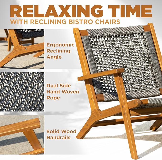 Solid Wood Rope Bistro Set of 3, Reclining Set 3