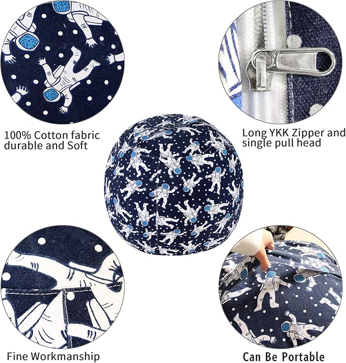 2 PCS Stuffed Animal Storage Bean Bag Chair Cover, Cotton Canvas Beanbag with Zipper for Organizing Kid's and Adults Room Blue Astronaut 24"