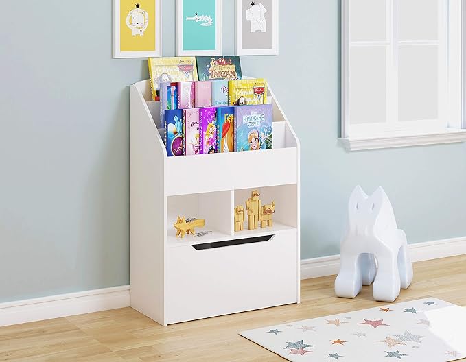 UTEX Bookshelf for Kids, Wooden Book Display, Kids Bookshelf and Toy Storage, Children Book Rack Bookcase Toybox Combo for Bedroom & Nursery, White