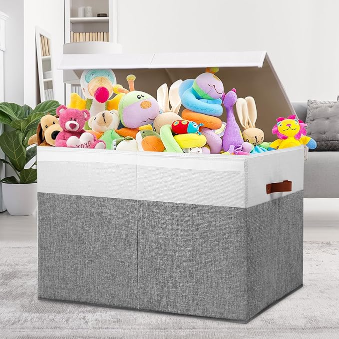 Large Toy Storage Box with Lid, Sturdy Toys Storage Chest Bin Organizer Basket with Dividers for Kids, Boys, Girls, Nursery, Closet, Bedroom, Playroom 26"x17" x17" (Grey and White)