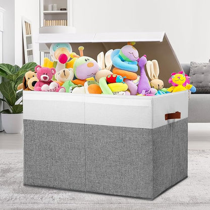 Large Toy Storage Box with Lid, Sturdy Toys Storage Chest Bin Organizer Basket with Dividers for Kids, Boys, Girls, Nursery, Closet, Bedroom, Playroom 26"x17" x17" (Grey and White)