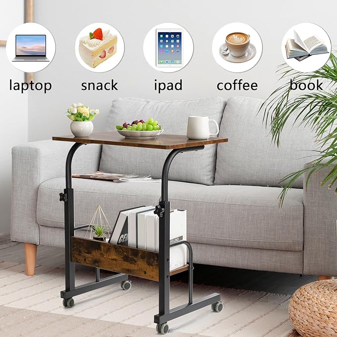 SIDUCAL Mobile Laptop Cart, Rolling Desk Adjustable Height, Rolling Computer Cart, Portable Laptop Desk, Small Adjustable Desk, Rolling Laptop Desk, Small Portable Desk with Wheels 23.6'' Rustic Brown
