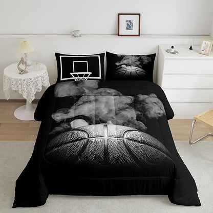 Kids Basketball Bedding Sets For Boys Teen Sports Basketball Bed Comforter Set Twin Grey Hippie Smoke Quilt Set,Reversible Black Duvet Insert,With 1 Comforter And 1 Pillow Case Basketball Room Decor