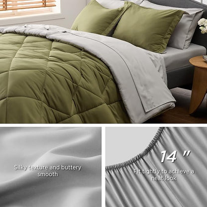 Bedsure Olive Green Twin Comforter Set - 5 Pieces Reversible Twin Bed in a Bag, Extra Long Twin Bed Set with Comforters, Sheets, Pillowcase & Sham, Twin Bedding Sets for College