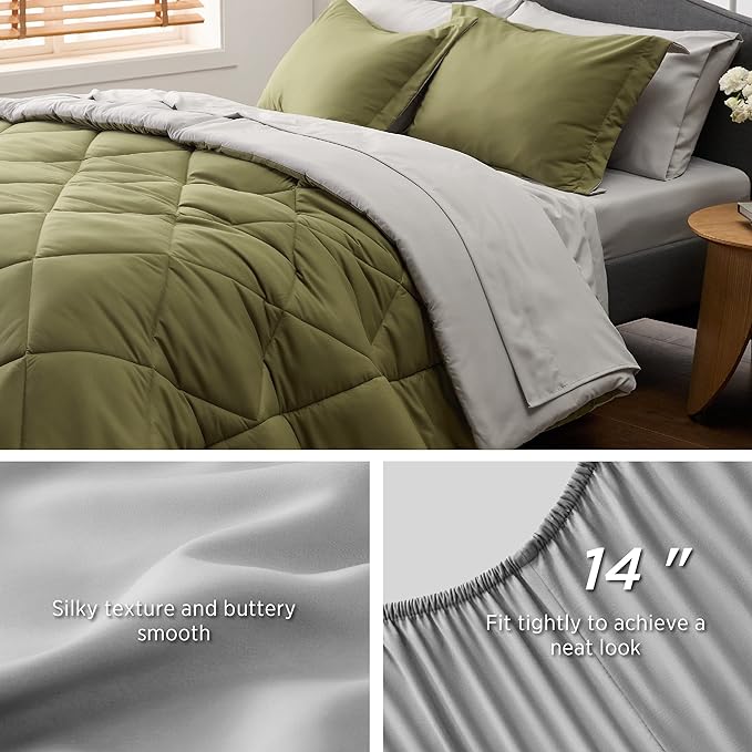 Bedsure Olive Green Full Size Comforter Set - 7 Pieces Reversible Full Bed in a Bag Full Bed Set with Comforters, Sheets, Pillowcases & Shams, Full Bedding Sets