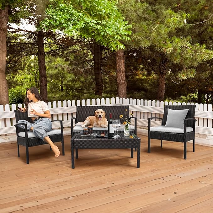 Outvita 4 Pieces Patio Furniture Set, Rattan Conversation Sets with Loveseat Soft Cushion and Glass Table for Garden Backyard Balcony Porch Poolside(Black)