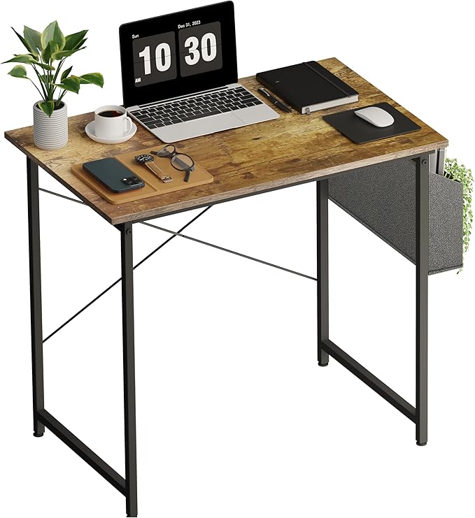 HealSmart Writing Study Worktable for Bedroom Small Desk, Modern Simple Style PC Table with Storage Bag, 32 Inch, Brown-New Version