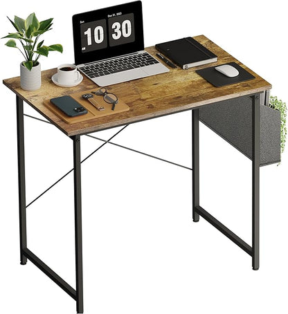 HealSmart Writing Study Worktable for Bedroom Small Desk, Modern Simple Style PC Table with Storage Bag, 32 Inch, Brown-New Version