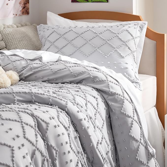 Bedsure Twin/Twin XL Comforter Set - Light Grey Boho Twin Extra Long Comforter Set for College, Shabby Chic Dorm Bedding Set, 2 Pieces Modern Farmhouse Bed Set, includes 1 Pillow Sham