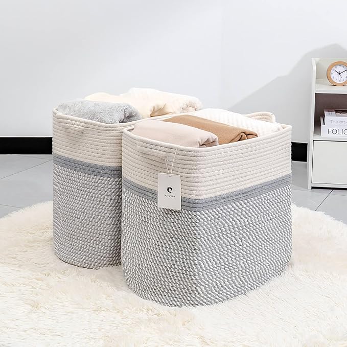 Medium and Large Woven Basket/With Handle, Baskets Laundry Hamper Wicker Tall Cotton Toy Storage Basket,Decorative Basket for Living room,Basket for Toys, 2bag