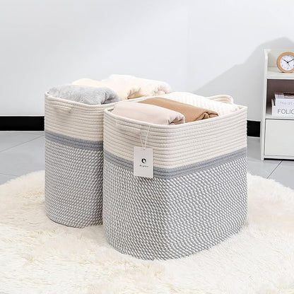 Medium and Large Woven Basket/With Handle, Baskets Laundry Hamper Wicker Tall Cotton Toy Storage Basket,Decorative Basket for Living room,Basket for Toys, 2bag