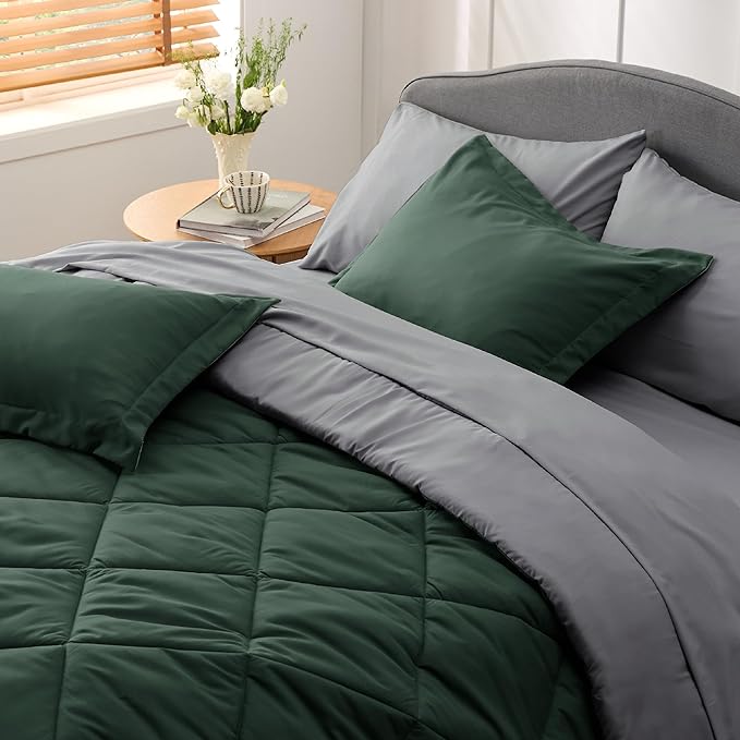 Bedsure Forest Green King Size Comforter Set - 7 Pieces Reversible King Bed in a Bag, King Bed Set Forest Green and Grey with Comforters, Sheets, Pillowcases & Shams