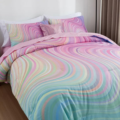 Btargot Super Soft 6 Pieces Gradient Wavy Line Comforter Set, Colorful Glitter Rainbow Star Pattern Bedding Set for Boys Girls Teens, Queen Pink Green
