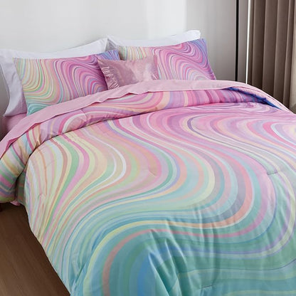 Btargot Super Soft 6 Pieces Gradient Wavy Line Comforter Set, Colorful Glitter Rainbow Star Pattern Bedding Set for Boys Girls Teens, Full Pink Green