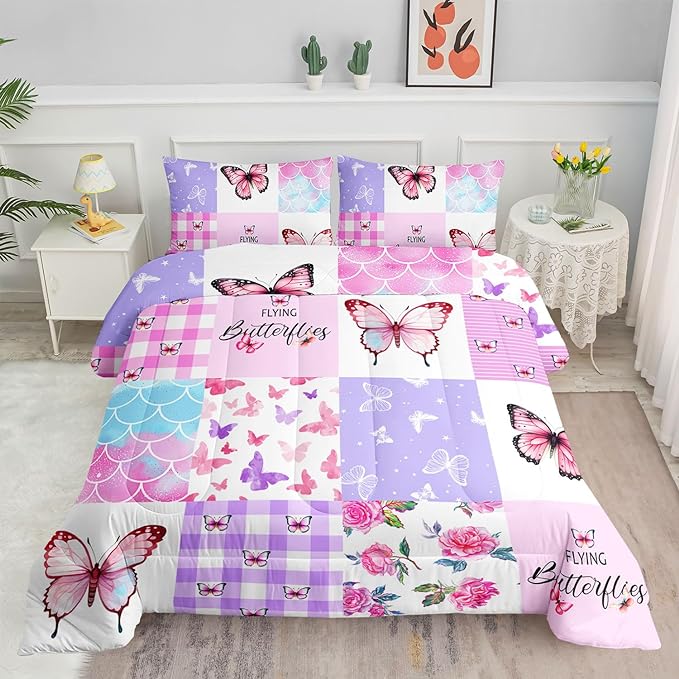 Datura home Kids Comforter Set Mermaid Scale Butterfly Printed Pattern Bedding Set with 1 Comforter and 2 Pillowcases for Girls Boys Bedroom All Season(Mermaid1 Queen)