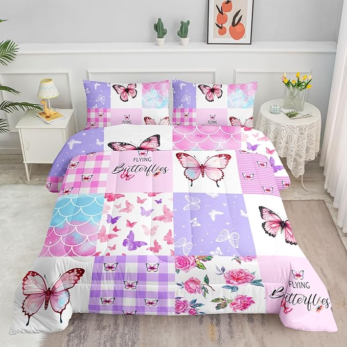Datura home Kids Comforter Set Mermaid Scale Butterfly Printed Pattern Bedding Set with 1 Comforter and 2 Pillowcases for Girls Boys Bedroom All Season(Mermaid1 Twin)
