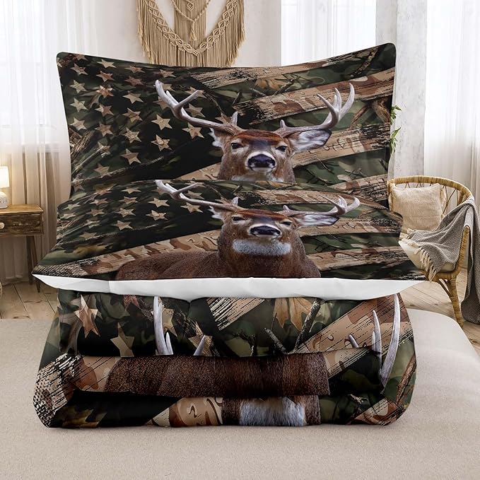 NINENINE Camo Deer Bedding Sets Full Size American Flag Comforter for Boys Adult Teens Western Theme Wildlife Forest Hunted Animal Comforter Sets with 1 Comforter 2 Pillowcases