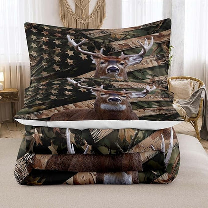 NINENINE Camo Deer Bedding Sets Full Size American Flag Comforter for Boys Adult Teens Western Theme Wildlife Forest Hunted Animal Comforter Sets with 1 Comforter 2 Pillowcases