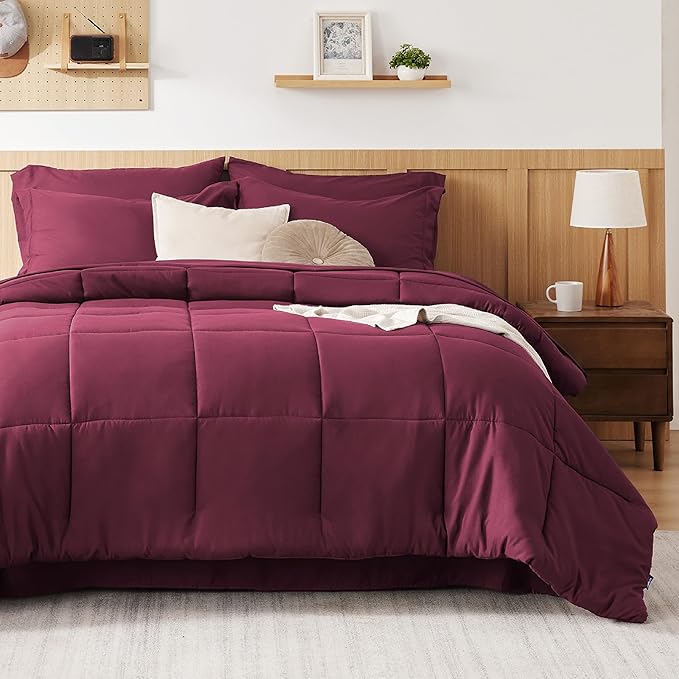 Bedsure Burgundy Full Size Comforter Set - 7 Pieces Solid Full Bed in a Bag, Full Bed Set Burgundy with Comforters, Sheets, Pillowcases & Shams