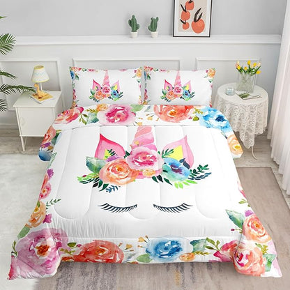 Datura home Unicorn Floral Watercolor Flower Comforter Bedding Set for Girls Teens Adults,Colorful Lovely Roses Blooms Print Design Unicorn Bedding Set(Unicorn Queen)
