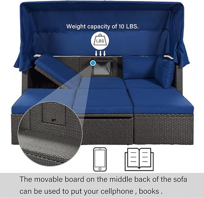 Patio Rectangle Daybed with Retractable Canopy and Lift Up Side Table, PE Rattan Wicker Outdoor Furniture Sectional Sofa Set Sunbed w/Ottoman for Garden, Onesize, Grey Rattan&Blue Cushions