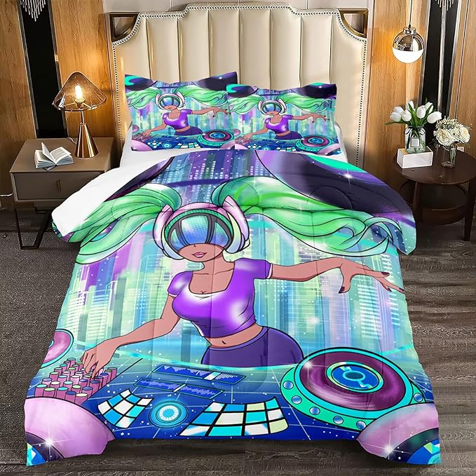 African American Comforter Sets for Girls, Full Size Comforter Set for Girls with Cool DJ Girl Pattern Soft Microfiber 3 Piece Quilt Set Green Pretty Girl Bedding Comforter Set with 2 Pillowcases