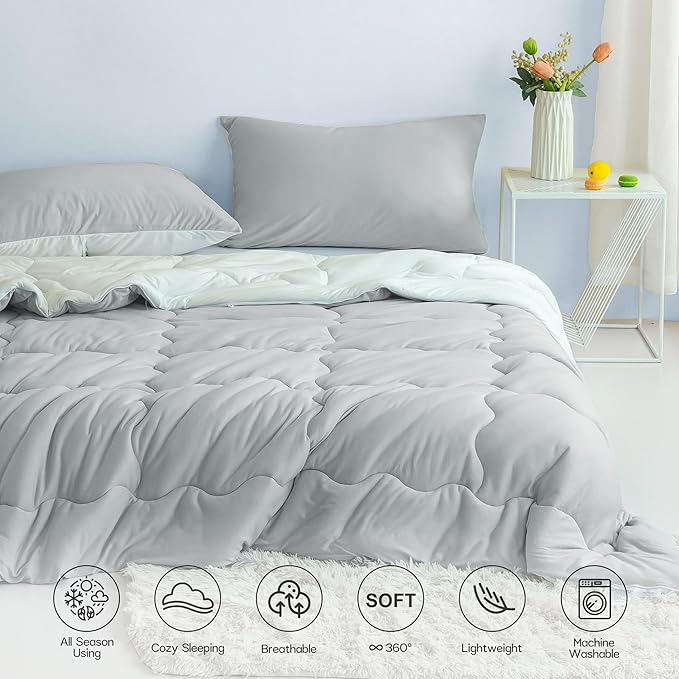 COTTEBED Reversible Queen Bed Comforter Set - Jersey Knit T-Shirt Feel Full Size Bedding 1 Down Blanket Quilt & 2 Pillow Sham - Ultra-Soft Fluffy Lightweight Cozy All Season Use (Light Gray and White)