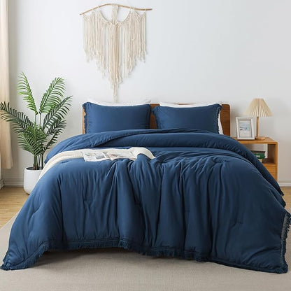 Andency Navy Blue Comforter Set Twin Size, 2 Pieces Boho Tassel Lightweight Bedding Comforter Sets, All Season Soft Fluffy Fringe Bed Set (66x90In Comforter & 1 Pillowcase)