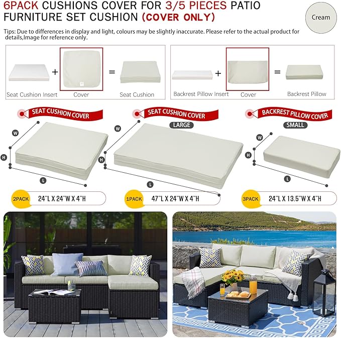 ClawsCover 6Pack Outdoor Seat and Back Cushions Replacement Covers Fit for 3 Pieces 3-Seater Wicker Rattan Patio Furniture Conversation Set Sectional Couch Chair,Cream-Include Cover Only