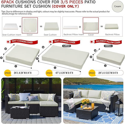 ClawsCover 6Pack Outdoor Seat and Back Cushions Replacement Covers Fit for 3 Pieces 3-Seater Wicker Rattan Patio Furniture Conversation Set Sectional Couch Chair,Cream-Include Cover Only
