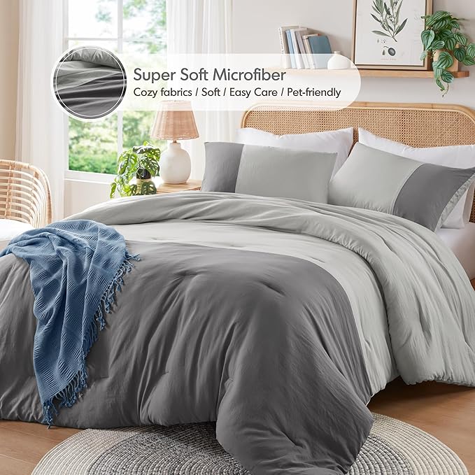 Grey Twin Comforter Set - Modern Soft Farmhouse Bedding for Teen Boys, Kids Colorblock Pattern Bed Sets for All Season, 2 Pieces includes 1 Comforter, 1 Sham (66"x 90")