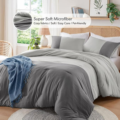 Grey Comforter Queen Set - Modern Soft Farmhouse Comforter Sets for Men, Masculine Colorblock Pattern Bedding Set for All Season, 3 Pieces includes 1 Comforter, 2 Shams (90"x 90")