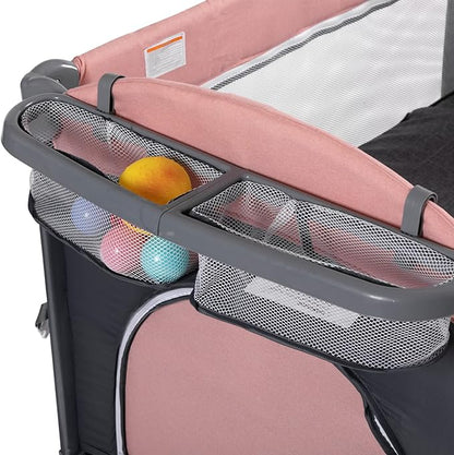 5 in 1 Baby Crib, Bedside Cribs, Pack and Play with Bassinet and Changing Table, Portable Travel Baby Playpen with Toys & Music Box,Mattress for Girl Boy Infant Newborn (Pink)
