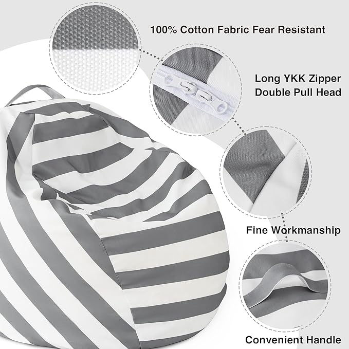 EXQ Home Kids Bean Bag Chairs Cover -Stuffed Animal Bean Bag Storage Grey and White Stripes-Zipper Bean Bag for Organizing Children Plush Toys Holiday Gift for Girl,Boys (XL)