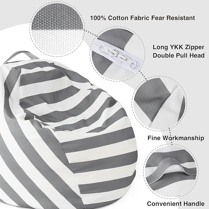 EXQ Home Kids Bean Bag Chairs Cover -Stuffed Animal Bean Bag Storage Grey and White Stripes-Zipper Bean Bag for Organizing Children Plush Toys Holiday Gift for Girl,Boys