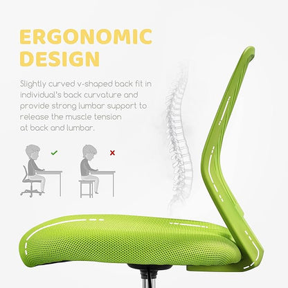 Yaheetech Kids Cute Desk Chair Small Computer Desk Chair for Teens Low-Back Armless Study Chair Swivel Task Chair Bedroom School Chair with Lumbar Support, Green