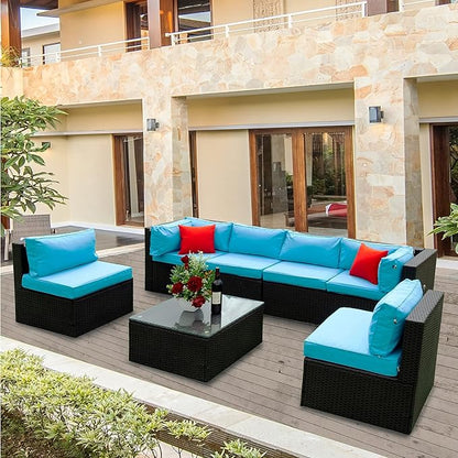 5 Pieces Outdoor Furniture PE Rattan Patio Sectional U Shaped Conversation Sofa Set with Table and 2 Pillows for Garden, Yark, Lawn, Backyard, Onesize, Black Wicker+Blue Cushion