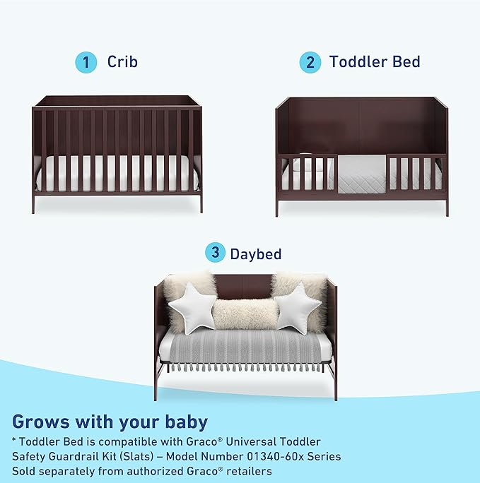 Graco Theo 3-in-1 Convertible Crib (Espresso) - GREENGUARD Gold Certified, Converts to Toddler Bed & Daybed, Fits Standard Full-Size Crib Mattress, 4 Adjustable Mattress Heights