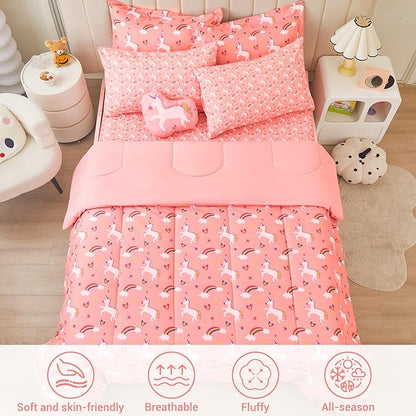 Mooreeke Full Size Comforter Sets for Girls Kids, 8 Pieces Bed in a Bag Pink Unicorn Rainbow Bedding Comforter Sheet Set with Shams and Decorative Toy Pillow, Ultral Soft Microfiber Kids Bed Set