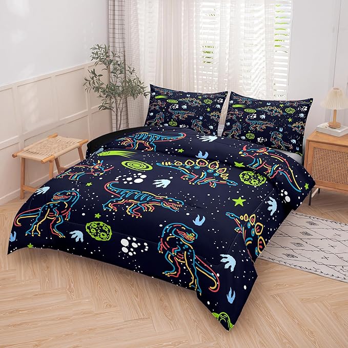 NINENINE Dark Blue Dinosaur Bedding Sets for Kids Boys,Retro Dinosaur Bedding Comforter,Full Size Bedding Sets for Boys Kids, with 1 Comforter 2 Pillowcases…