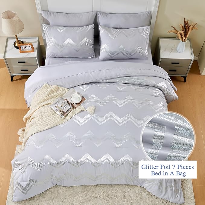 Wowelife Gray Comforter King Size 7 Pieces Silver Glitter Kids Bedding Set Bed in a Bag for Girls with Comforter, Flat Sheet, Fitted Sheet and 2 Pillowcases
