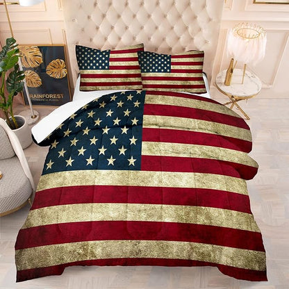 Tailor Shop American Flag Comforter Set for Boys Kids Teens American Flag Pattern Bedding Set Queen Size with 1 Comforter 2 Pillowcases