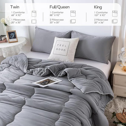 COTTEBED Ultra-Soft Comforter Set Queen/Full Size Bed, Jersey Knit T-Shirt Feeling Fluffy Cozy Comy Durable Lightweight Quilt Bedding Down Blanket & 2 Pillowcase for All Season Use, Dark Grey