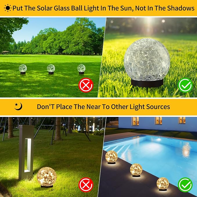 Solar Globe Lights Outdoor Waterproof-Solar Balls for Garden-Cracked Glass Ball Solar Lights Outdoor-Solar Orbs for Outside-Outdoor Decorations for Patio and Yard Lawn Backyard Decor
