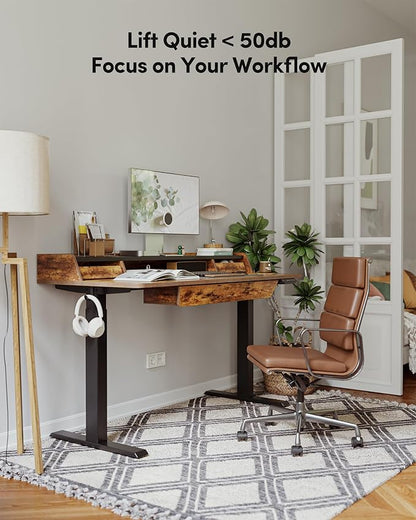 BANTI Height Adjustable Electric Standing Desk with Three Drawers, 48 x 25 Inch Table with Storage Shelf, Sit Stand Desk with Storage Space, Splice Board with Black Frame/Rustic Brown Top